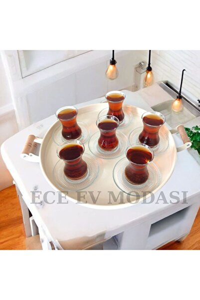 EceAksesuar Tepsi Ahşap Kulplu Metal Çay Tepsisi Kahve Tepsisi Sunum Kahvaltı...