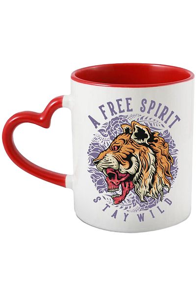 StoryGift Romania Mug With Message In English A Free Spirit Stay Wild, Tiger, Skull, Flowers, Fangs, F, With Heart Handle
