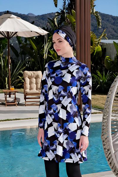 Mayom Lycra Patterned Hijab Swimsuit with Quick Drying Tights 2520