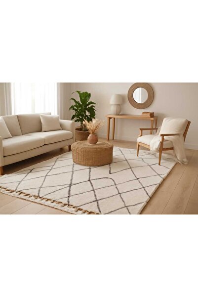 KARAR HALI 4 M2 Ebatlarında Modern Iskandinav Bohem Tarzlı Krem Renkli Ajrili...