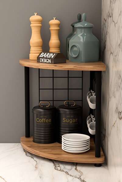 BARIN DESIGN Metal Telli Kahve Köşesi Çevirtak Çok Amaçlı Mutfak Standı Tezgah Üstü Düzenleyici Çift Katlı Askılı