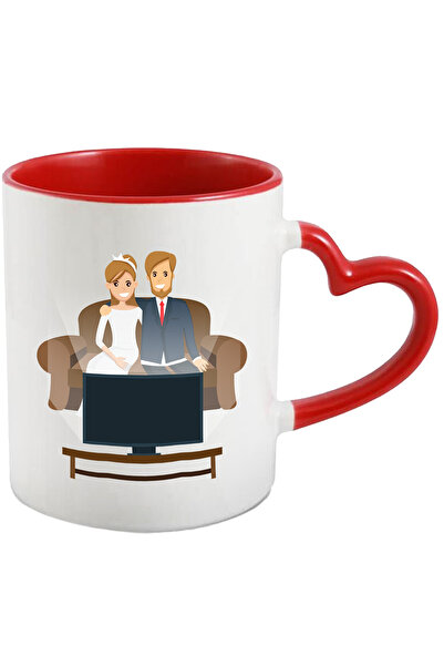 StoryGift Romania Cana Cu Televizor, Cuplu, Canapea, Multicolor 330 ml, Ceramica cu Maner Inima Ro, Cu Maner Inim