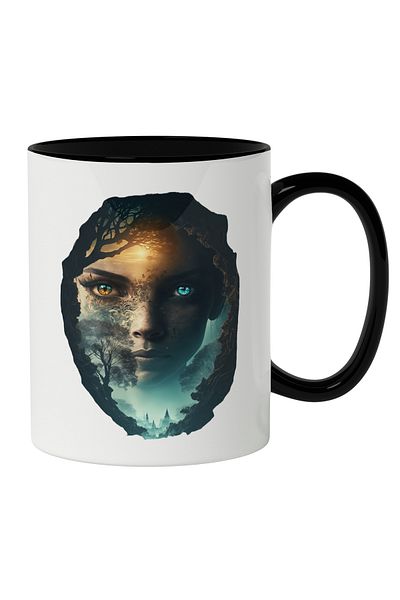 StoryGift Romania Cana Cu Chip Femini Cu Ochii Multicolor In Cer In Padure, Apus De Soare, Cer Co, Cu Maner Negru