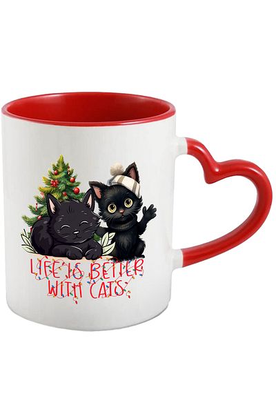StoryGift Romania Mug with 2 black kittens with the message "Life is better with cats", Merry Christmas, il, Cu,STG