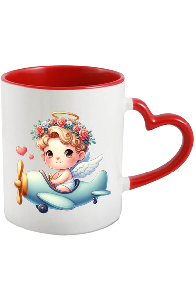 StoryGift Romania Cana cu un bebelus care conduce un avion | aripi de ingeras | ilustratie | inimi, Cu Maner Inim