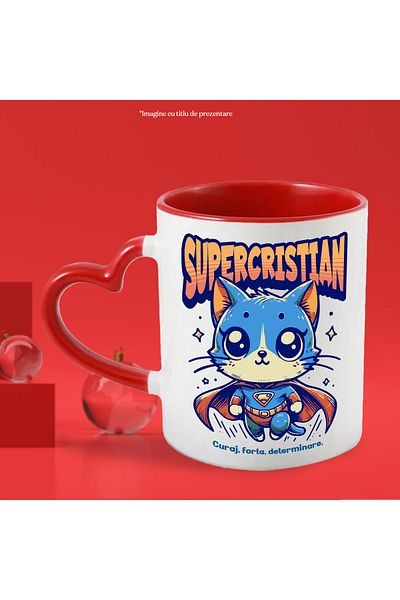StoryGift Romania Super Cristian Mug, Superhero, Flying Cat, 330ml, Ceramic with Heart Handle R, With,STG.
