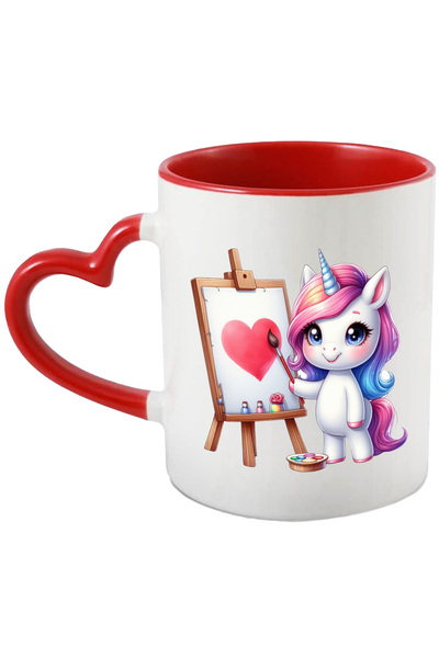 StoryGift Romania Cana cu un unicorn care picteaza o inima, ilustratie, imbujorata, iubire, pensul, Cu Maner Inim