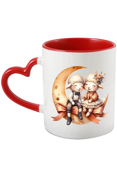 StoryGift Romania Mug with a sheep and a ram, illustration, flowers, white skirt, crescent moon, bows, a, With ,STG
