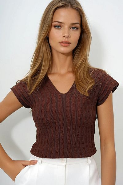 VAGGON Women's Brown Front Back V-Neck Openwork Summer Knitwear Blouse Prmx14147