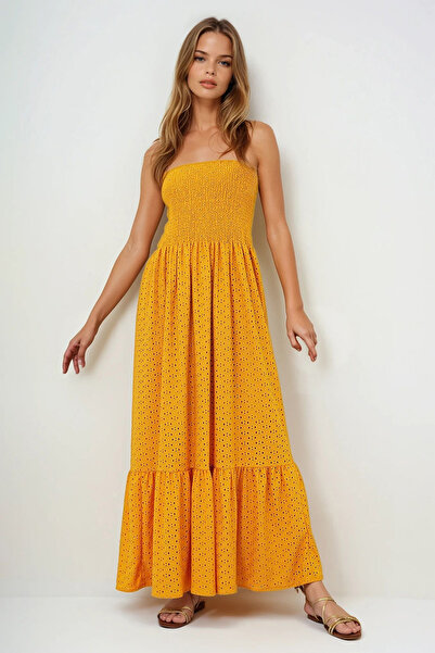 VAGGON Women's Mustard Guipure Lined Guipure Strapless Dress Prmx14137