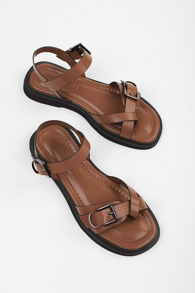Shoeberry Γυναικεία σανδάλια σαγιονάρες Elina Tan Skin Belted