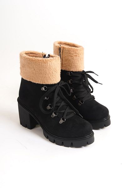 Zerenyus Emma Lace Up Ορθοπεδικές Γυναικείες Μπότες με φερμουάρ και Γούνα Λεπτομέρεια - Suede Black