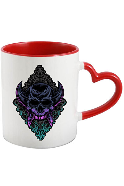 StoryGift Romania Cana Cu Craniu, Romb, Demon, Coarne, Multicolor 330 ml, Ceramica cu Maner Inima , Cu Maner Inim