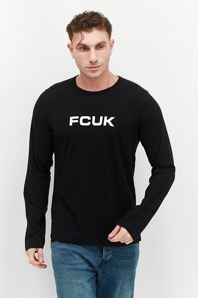 French Connection Men Crew Neck Long Sleeve Brand Logo T-shirt, Black