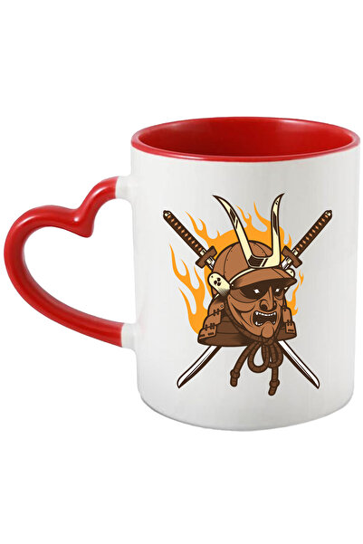 StoryGift Romania Cana Cu Masca, Oni, Samurai, Flacari, Katana, Asiatic, Multicolor 330 ml, Cerami, Cu Maner Inim