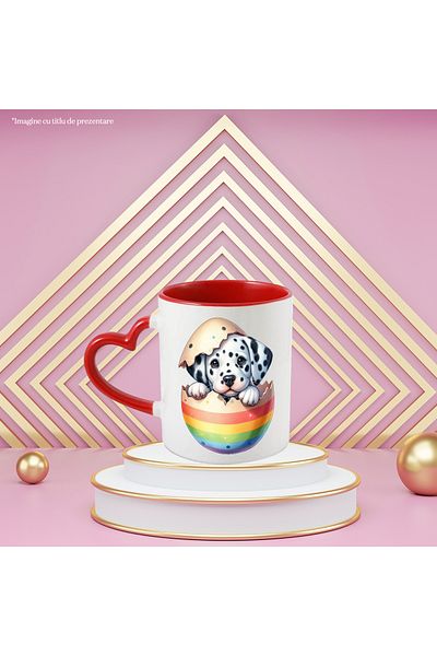 StoryGift Romania Mug with a Dalmatian puppy coming out of a broken egg | illustration | shy | on, With ,STG