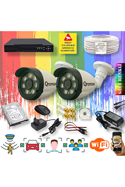 qromax 2 Kameralı Yapay Zeka Özellikli Gece Renkli 8 Warm Ledli TurboHD Güven...