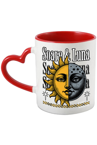 StoryGift Romania Cana Soarele și Luna, yin si yang galaxie , 330ml, Ceramica cu Maner Inima Rosie, Cu Maner Inim