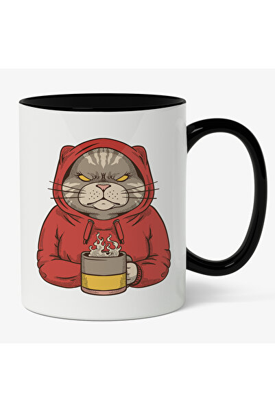 StoryGift Romania Cana Cu Portret Pisica Suparata In Hanorac Cu Gluga Rosu, C...