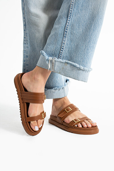 Güllü Shoes Elegant Double Buckle Tan Color Vegan Leather Women's Slippers – Thermo Sole, Non-Slip, Summer Model