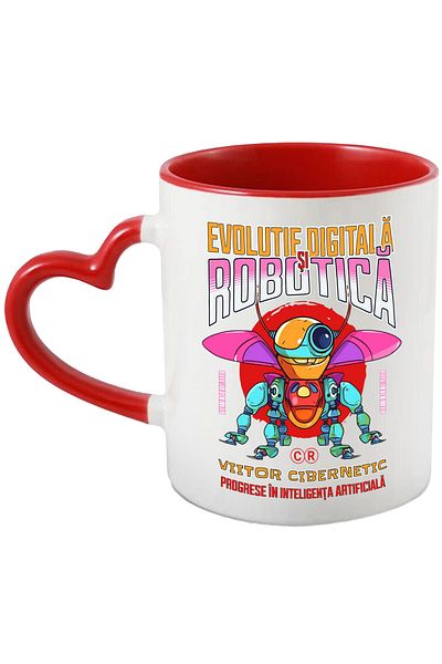 StoryGift Romania Cana Insecta robot evolutie digitala viitor ciberneti, 330ml, Ceramica cu Maner , Cu Maner Inim