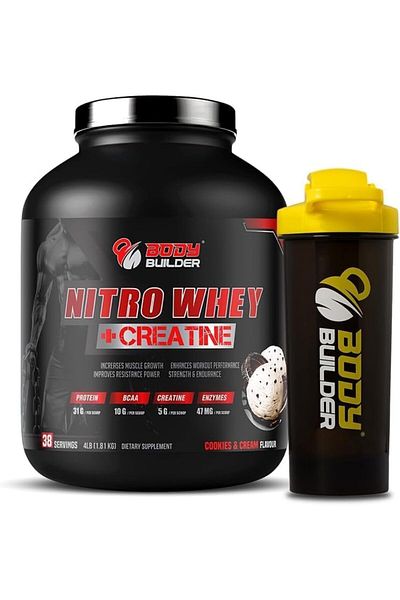 Body Builder Nitro Whey Creatine, Cookies And Cream, 4 Lb Shaker, Whey Protein For Muscle Growth & Recovery