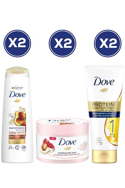Dove Argan Shampoo 400ml x2 + Dove Scrub Pomegranate 225ml x2 + Super Conditioner 180ml x2 – Bundle