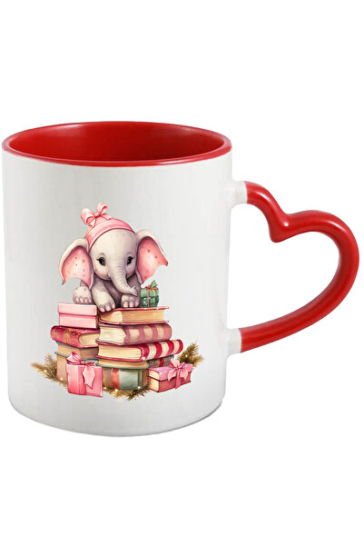 StoryGift Romania Cana cu un pui de elefant care sta pe niste teancuri cu carti | ilustratie | cad, Cu Maner Inim