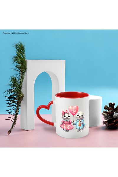 StoryGift Romania Mug with 2 happy seals | illustration | heart-shaped balloon with the message "I love, With, STG.