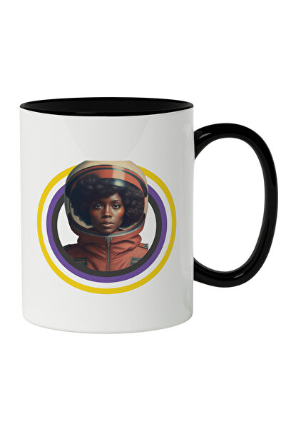 StoryGift Romania Cana Cu Portret Femeie De Culoare Cu Par Cret In Costum De astronaut Portocaliu,, Cu Maner Negru