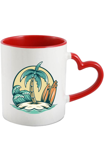 StoryGift Romania Cana Cu Insula: Plaja, Palmier, Valuri, Placa De Surf, Multicolor 330 ml Ceramic, Cu Maner Inim