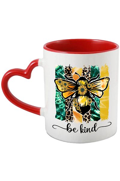 StoryGift Romania Cana cu o albina cu mesajul "Be kind", ilustratie, motivational, flori, fii bun,, Cu Maner Inim