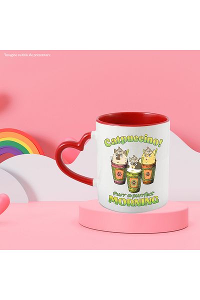 StoryGift Romania Mug with cats in coffee cups with the message "Cappuccino! Purr a purrfect morning, With Heart Handle
