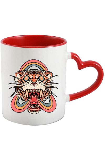 StoryGift Romania Cana Cu Tigru, Curcubeu, Abstract, Colti, Hippie, Multicolor 330 ml, Ceramica cu, Cu Maner Inim