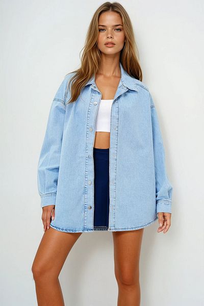 VAGGON Women's Light Blue Snap Closure Oversize Seasonal Jean Shirt Jacket Prmx13950