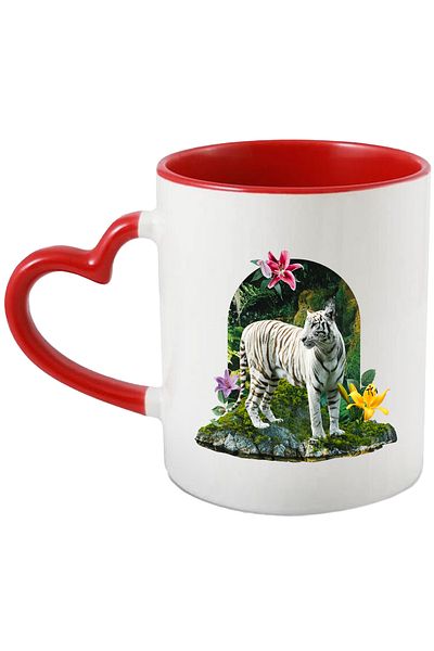 StoryGift Romania Mug With White Tiger, Flora, Rocks, Moss, Forest, Nature, Multicolor 330 ml, Sky, With Heart Handle
