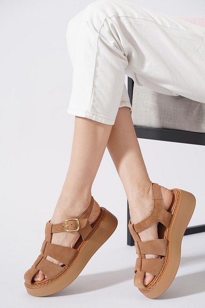 Moda Pie Miraze Caged Genuine Leather Women's Sandals Cappuccino Suede