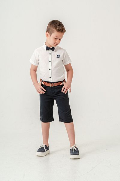 Esterella Boy / Short Sleeve Shirt Lapel Bow Tie Suit/Oxford Shirt - Shorts / Belted Shorts Suit