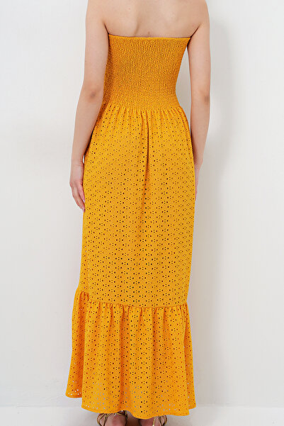 VAGGON Women's Mustard Guipure Lined Guipure Strapless Dress Prmx14137