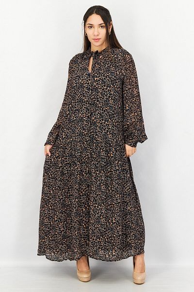 Esprit Women Tie Neck Long Sleeve Allover Print Maxi Dress, Black Combo