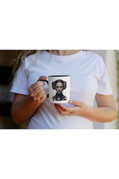 StoryGift Romania Mug with Portrait of Robot Girl, Brunette Hair, High Collar Armor, Superhero Armor, Black Handle