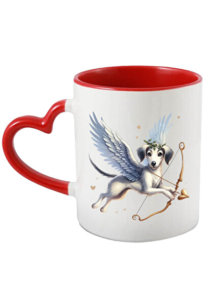 StoryGift Romania Cana cu un catel alb surprins care trage cu arcul | ilustratie | aripi | zboara , Cu Maner Inim