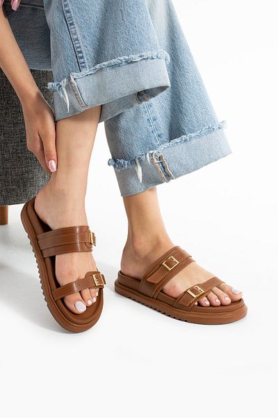 Güllü Shoes Elegant Double Buckle Tan Color Vegan Leather Women's Slippers – Thermo Sole, Non-Slip, Summer Model