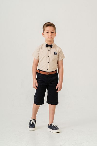 Esterella Boy / Short Sleeve Shirt Lapel Bow Tie Suit/Oxford Shirt - Shorts / Belted Shorts Suit