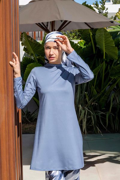 Mayom Fully Covered Patterned Hijab Swimsuit with Loose Pants - 2533