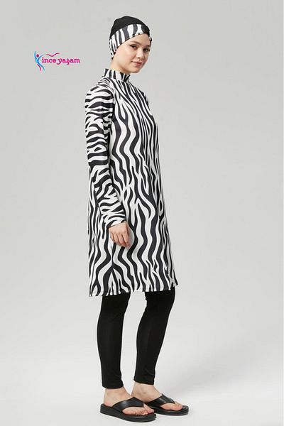 İNCEYAŞAM Fully Covered Water Repellent Quick Dry Hijab Swimsuit Suit Hijab Swimsuit Scalding Zebra Pattern
