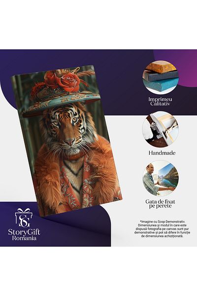 StoryGift Romania Canvas Painting 90 x 60CM Femininity of the Tiger with Turquoise Hat and Red Flowers Eyes, STG