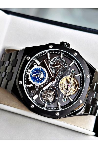 Ferrucci Black Color Mechanism Luxury Business Model Automatic Mechanism Men's Wrist Watch + Bracelet