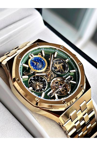 Ferrucci Gold Color Mechanism Luxury Business Model Automatic Mechanism Men's Wrist Watch + Bracelet