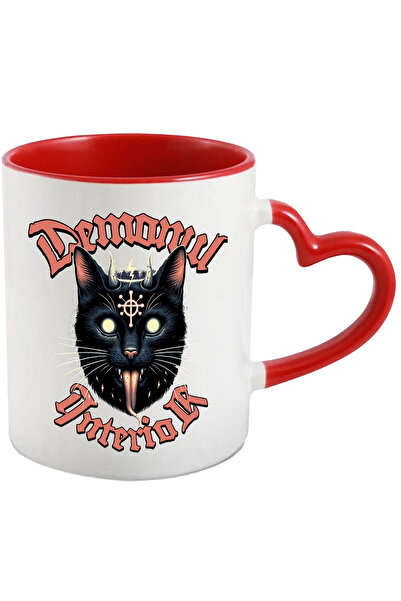 StoryGift Romania Cana cu Pisica Neagra Stil iluminati Hallowen Text Demonul Interior, Satana, Cer, Cu Maner Inim